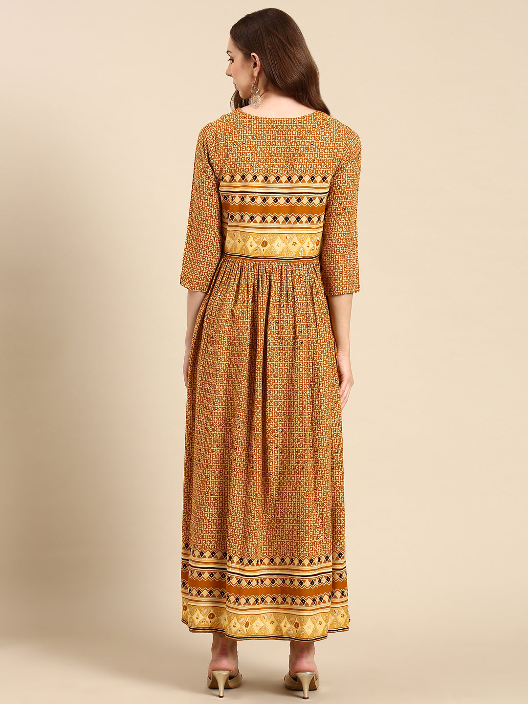 Women's Mustard Printed Thread Work Anarkali Kurta