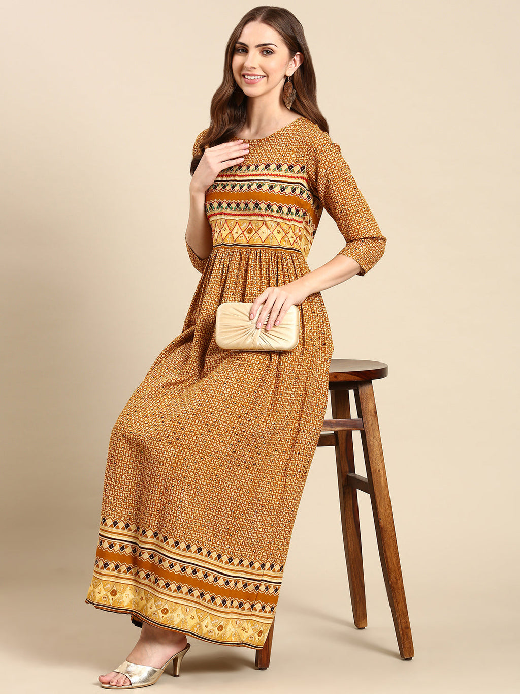 Women's Mustard Printed Thread Work Anarkali Kurta