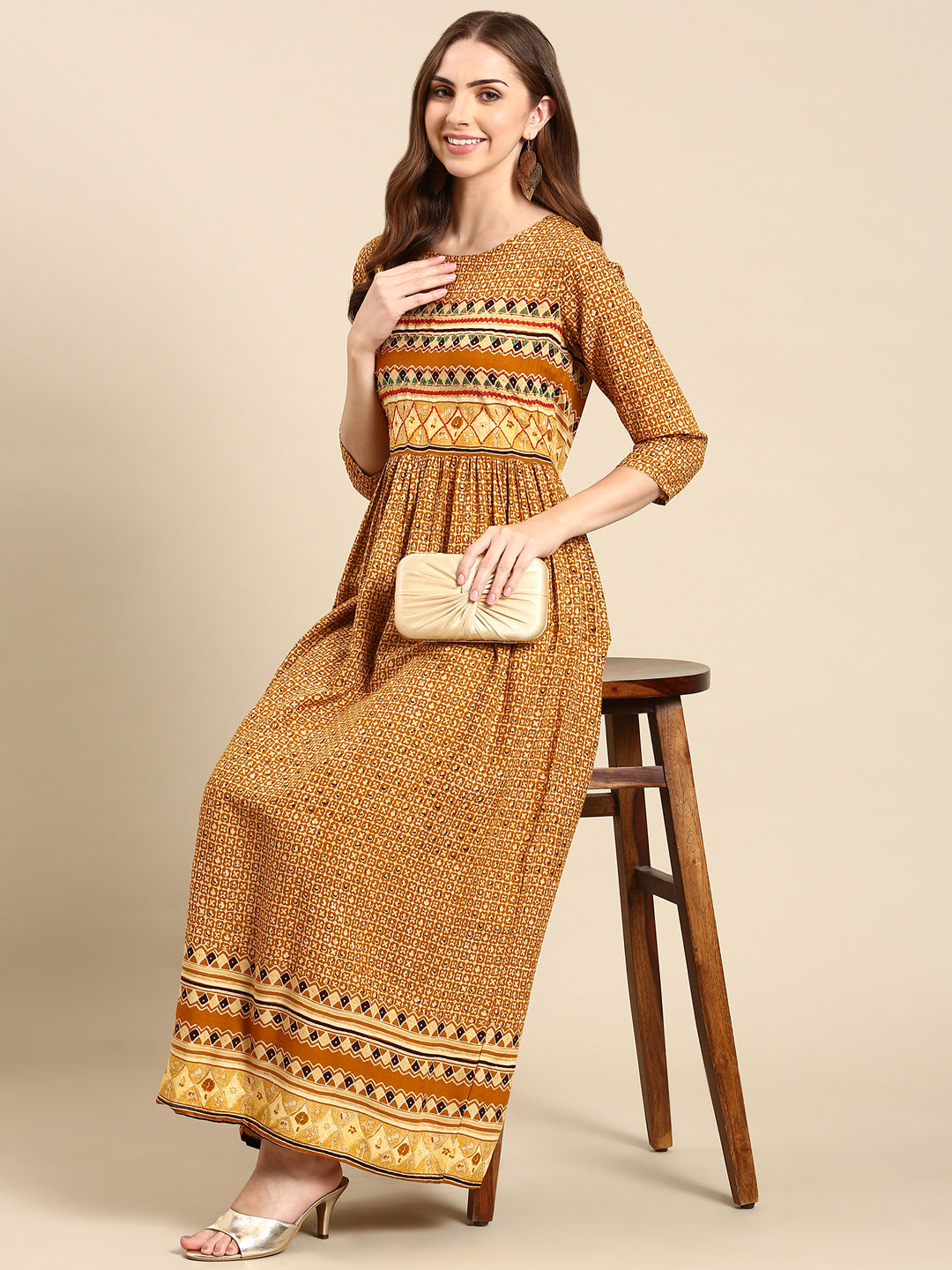 Women's Mustard Printed Thread Work Anarkali Kurta