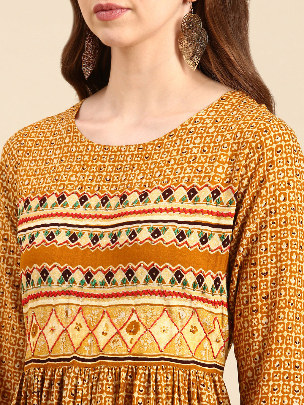 Women's Mustard Printed Thread Work Anarkali Kurta