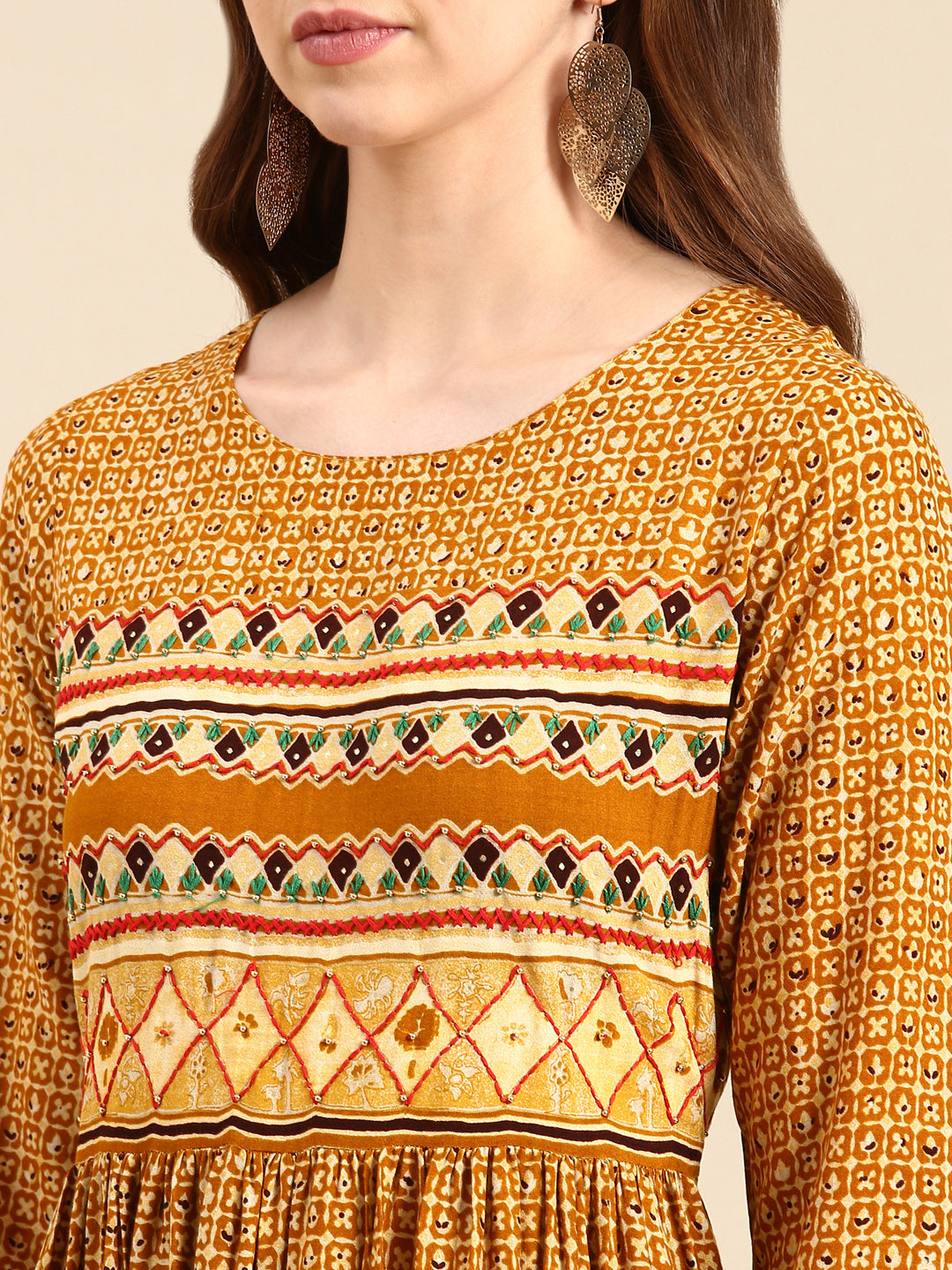 Women's Mustard Printed Thread Work Anarkali Kurta