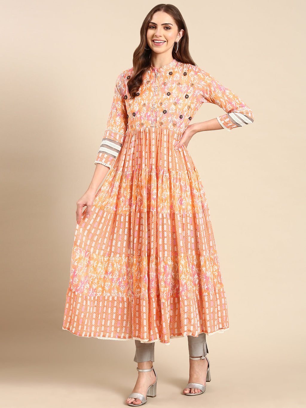Women's Peach Thread Work Tiering Anarkali Kurta