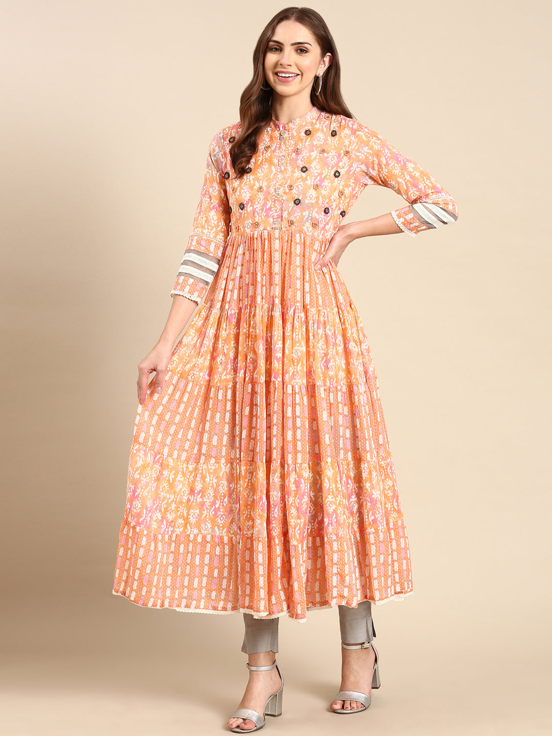 Women's Peach Thread Work Tiering Anarkali Kurta