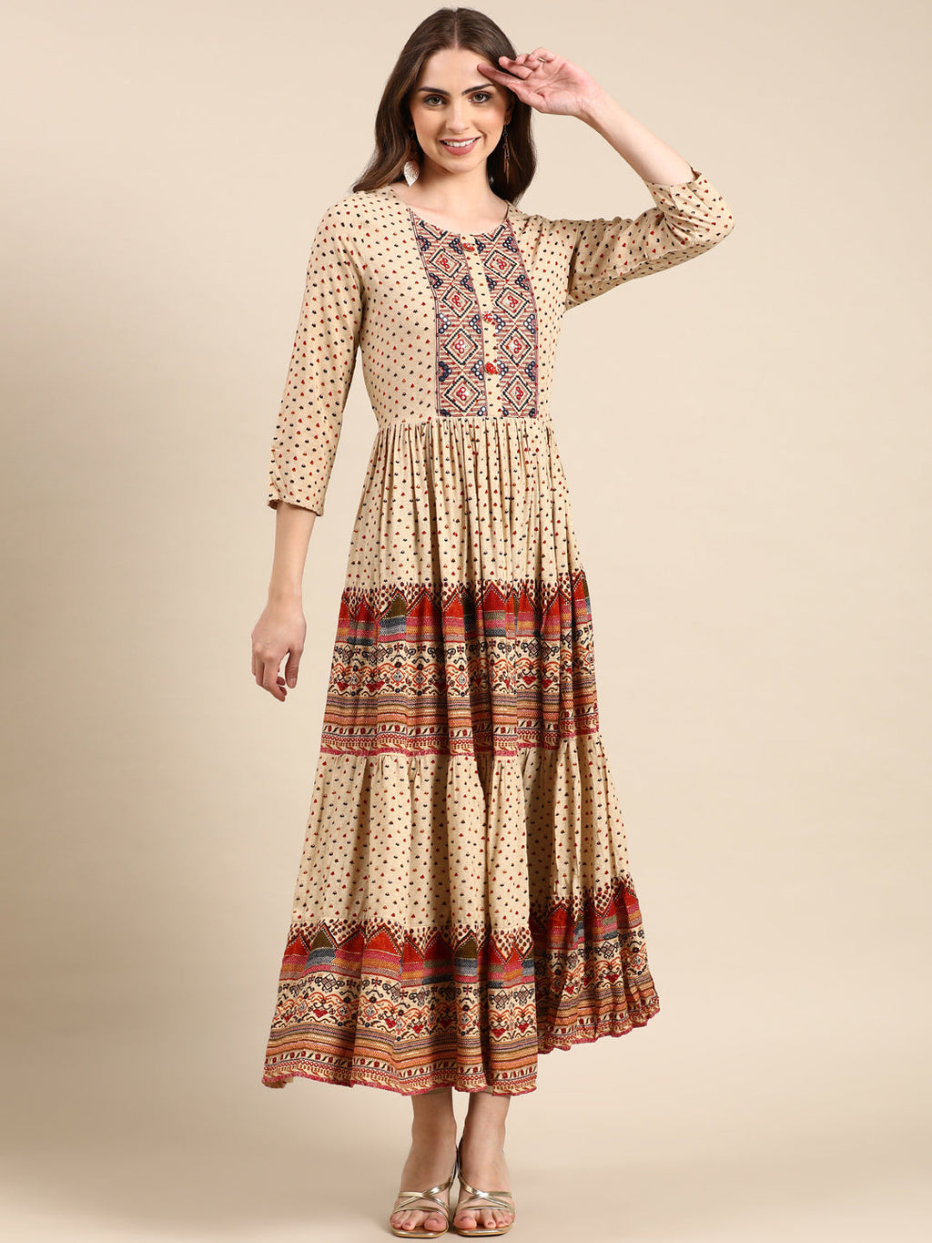 Women's Beige Ethnic Motifs Printed Mirror Anarkali Kurta