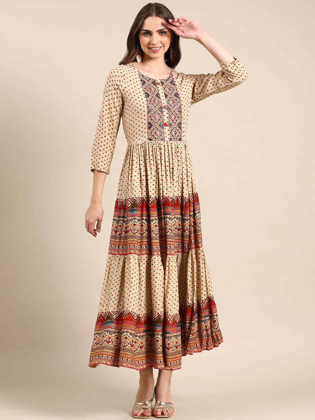 Women's Beige Ethnic Motifs Printed Mirror Anarkali Kurta