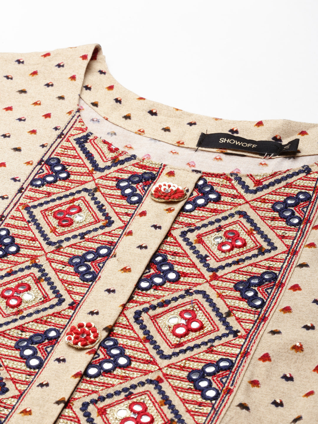 Women's Beige Ethnic Motifs Printed Mirror Anarkali Kurta