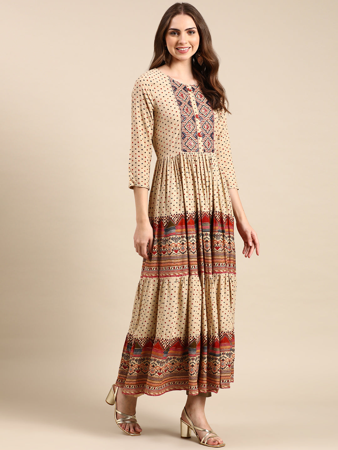 Women's Beige Ethnic Motifs Printed Mirror Anarkali Kurta