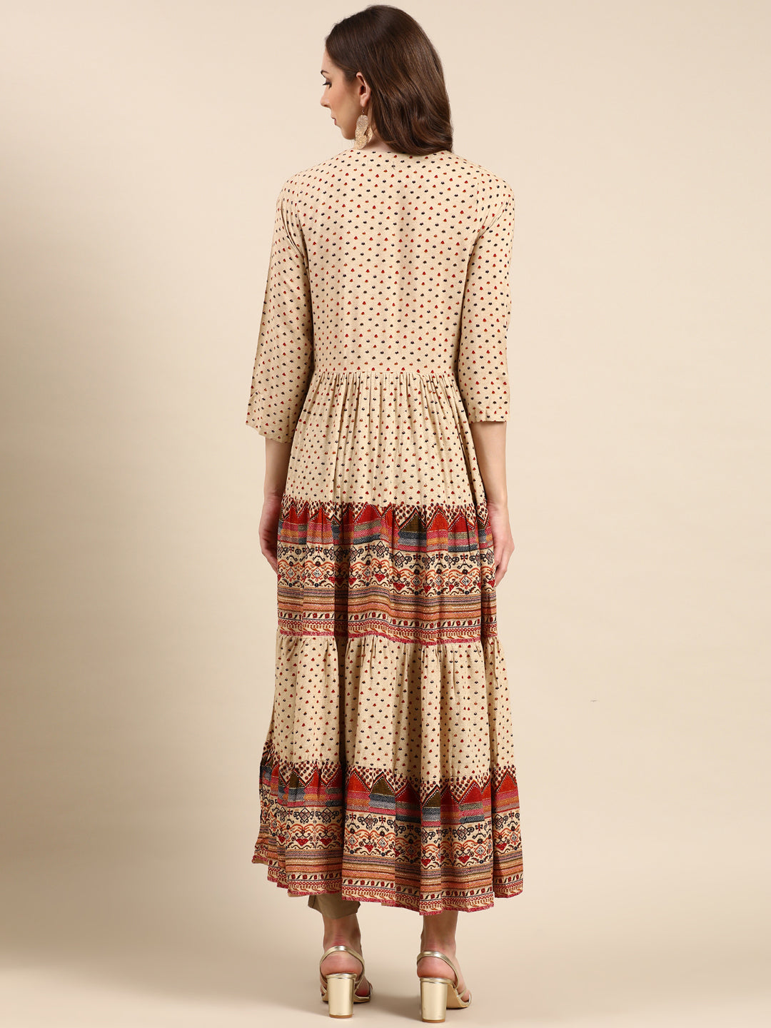 Women's Beige Ethnic Motifs Printed Mirror Anarkali Kurta