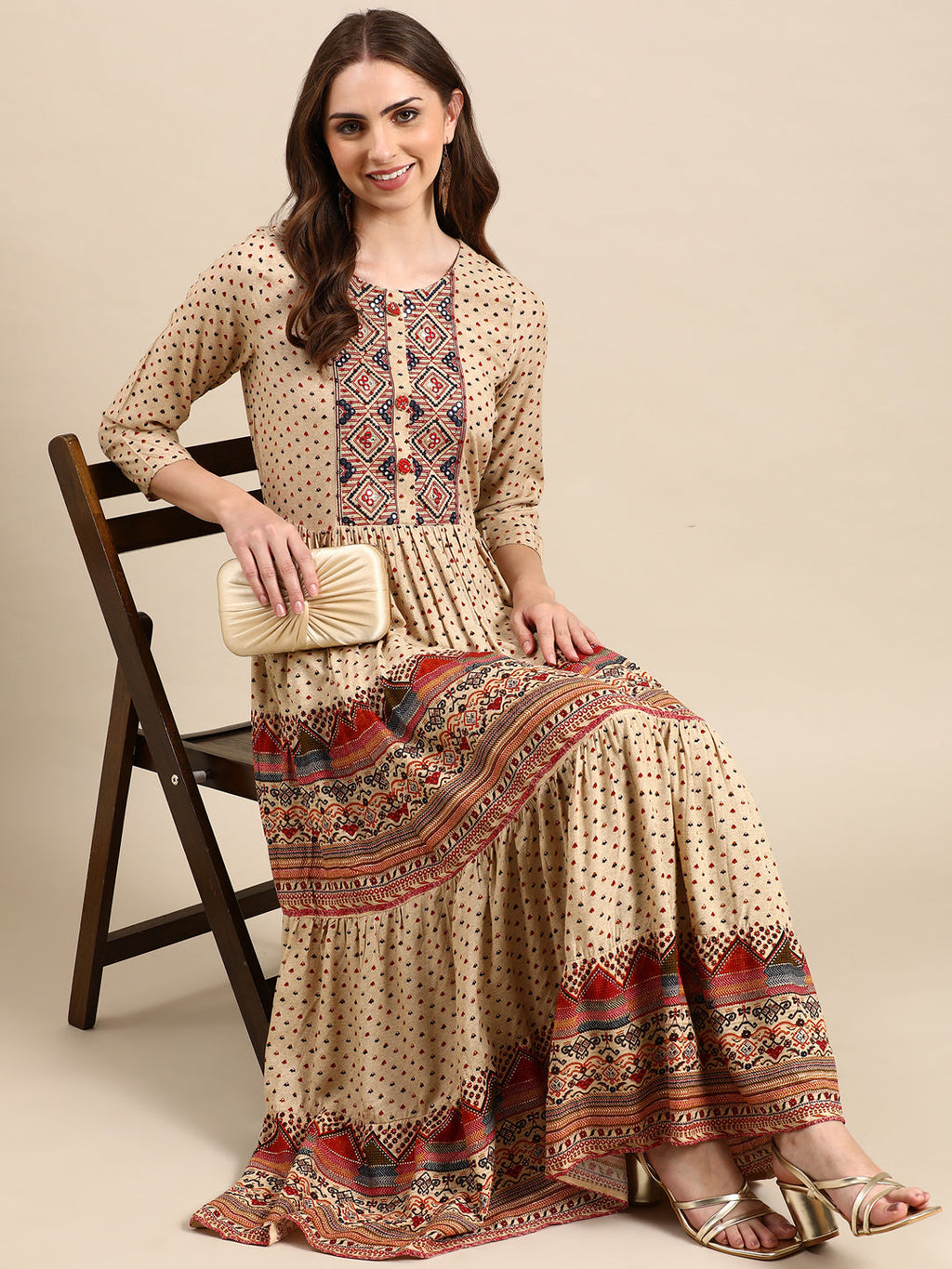 Women's Beige Ethnic Motifs Printed Mirror Anarkali Kurta