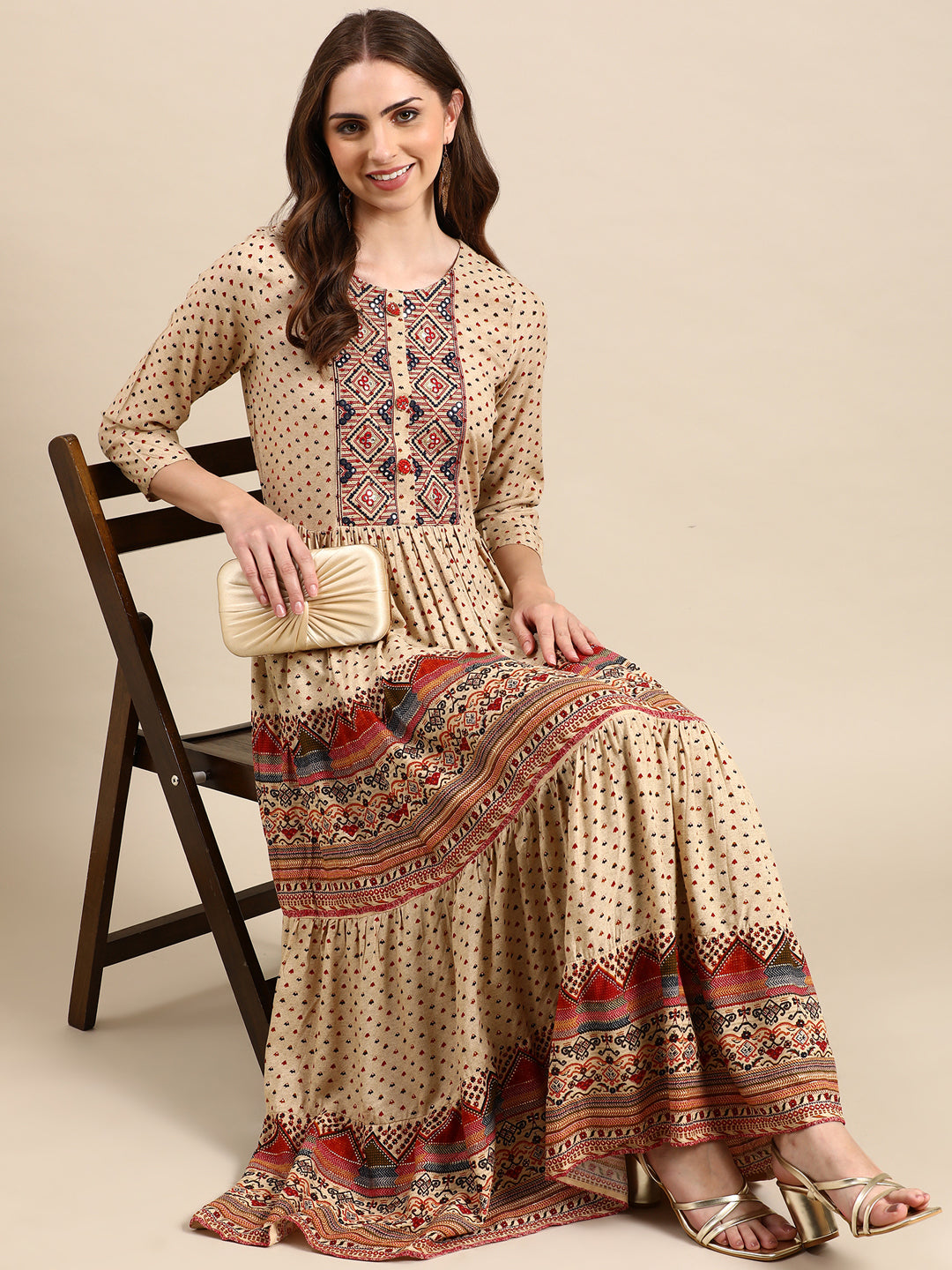 Women's Beige Ethnic Motifs Printed Mirror Anarkali Kurta