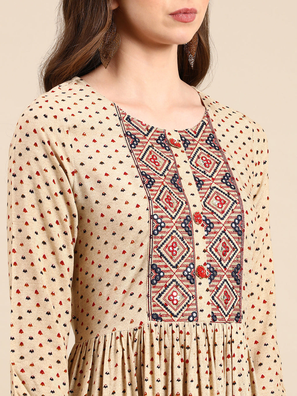 Women's Beige Ethnic Motifs Printed Mirror Anarkali Kurta