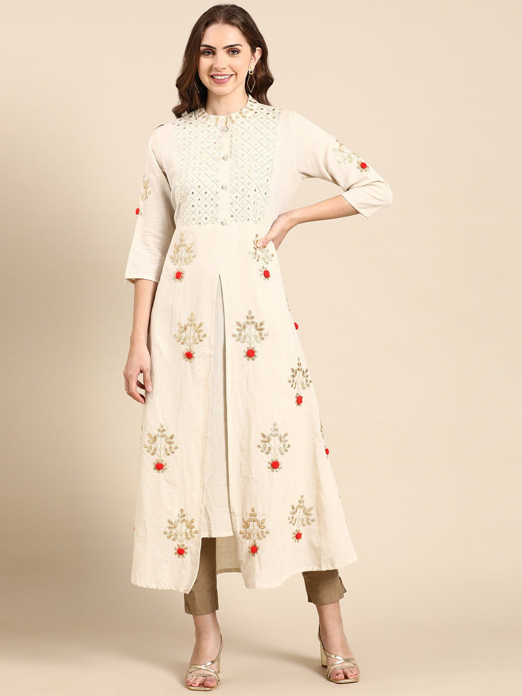 Women's Off White Floral Embroidered Mandarin Collar Mirror Work A-Line Kurta