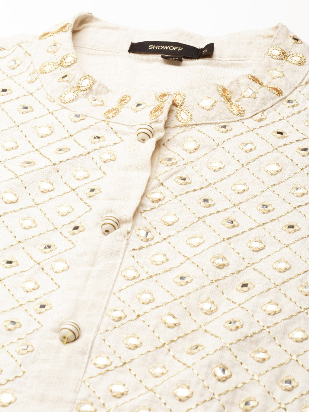 Women's Off White Floral Embroidered Mandarin Collar Mirror Work A-Line Kurta