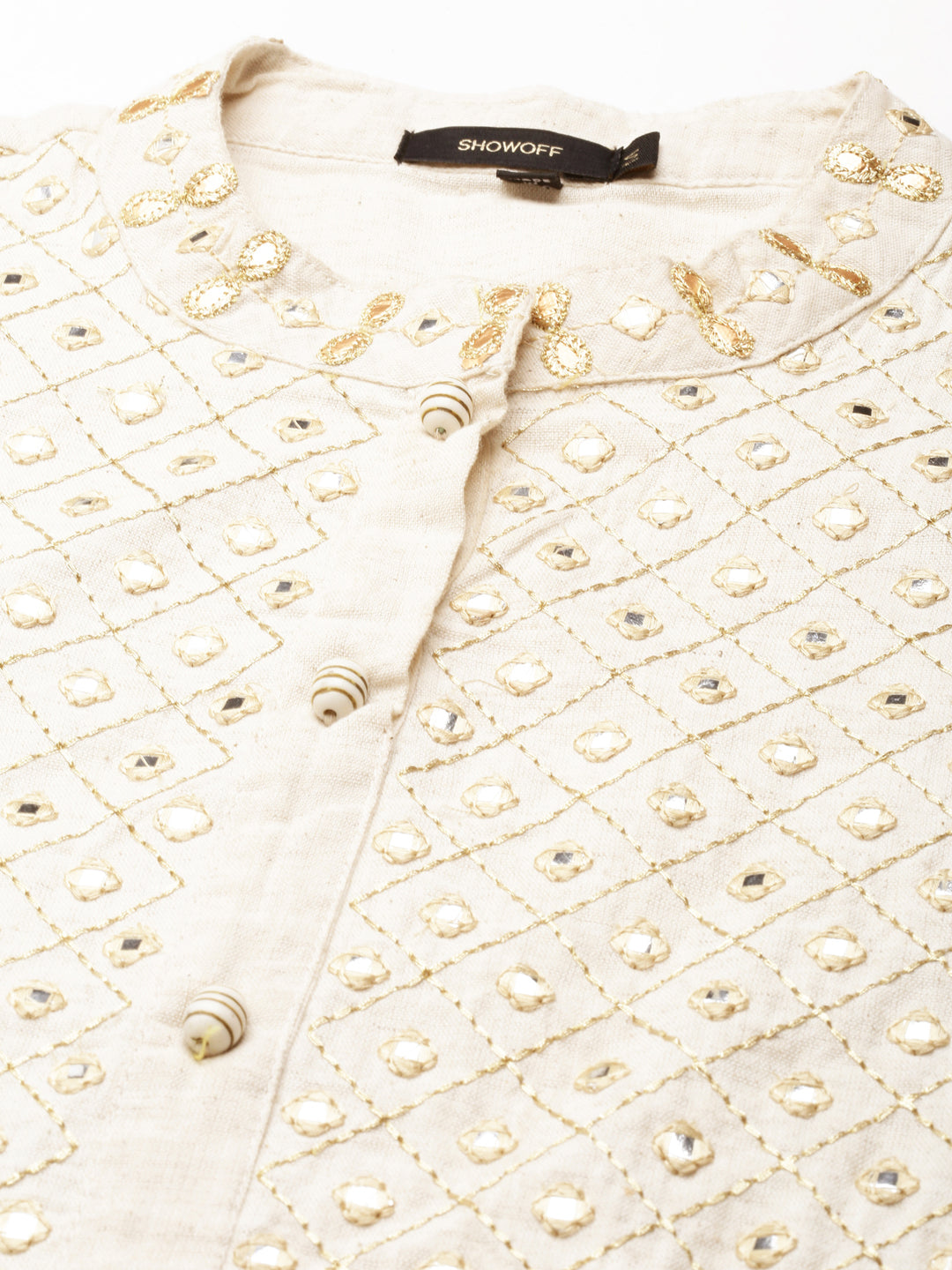 Women's Off White Floral Embroidered Mandarin Collar Mirror Work A-Line Kurta