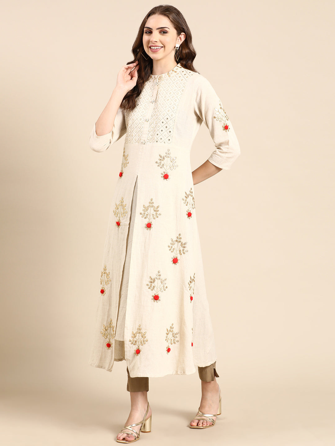 Women's Off White Floral Embroidered Mandarin Collar Mirror Work A-Line Kurta