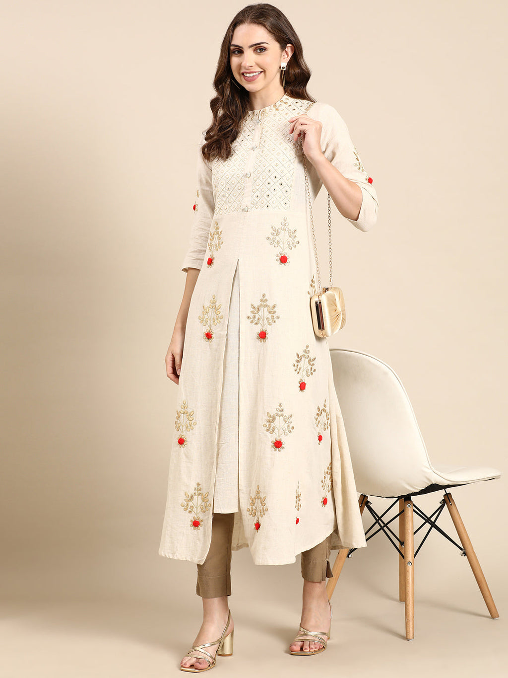 Women's Off White Floral Embroidered Mandarin Collar Mirror Work A-Line Kurta