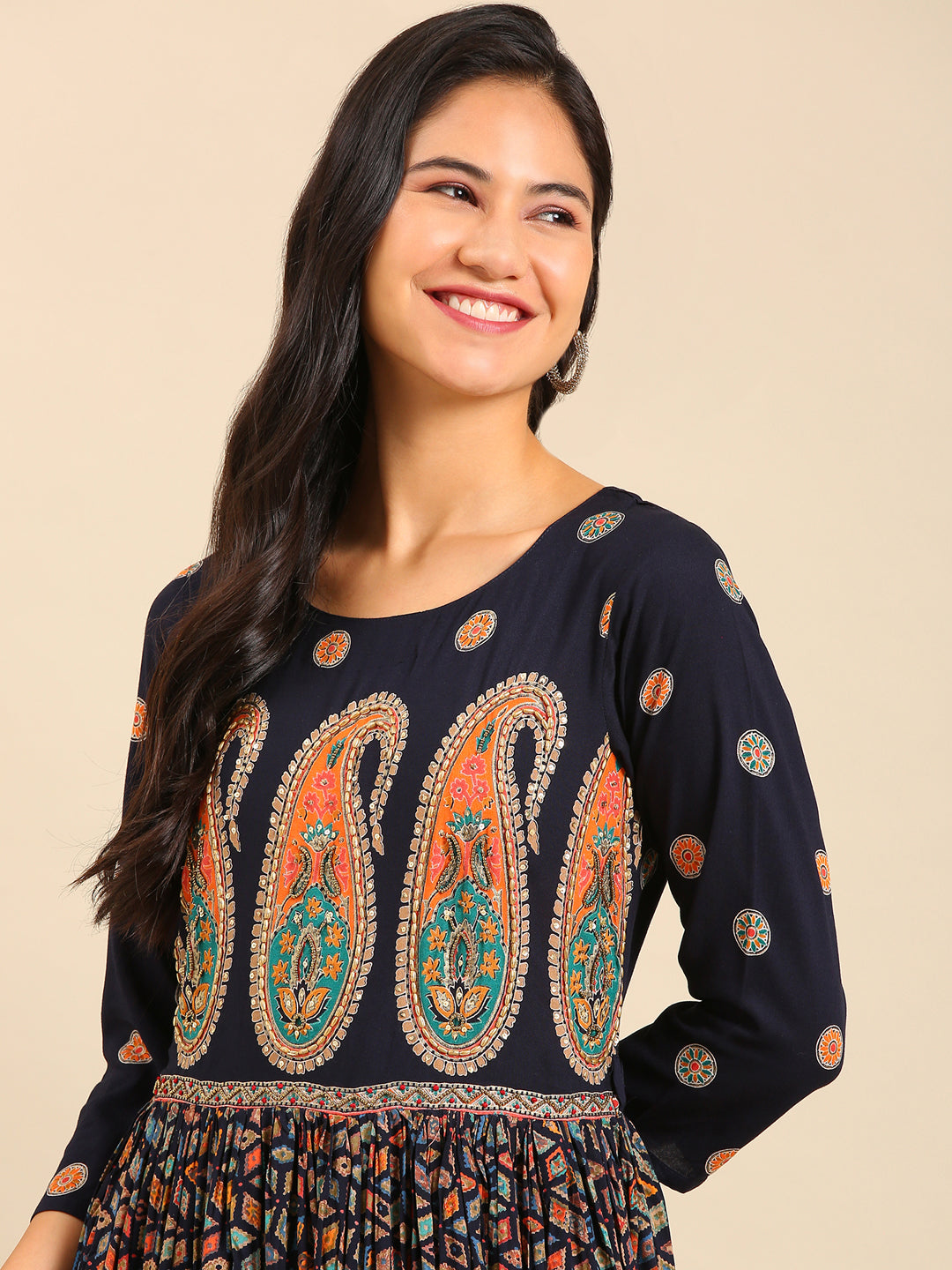 Women's Navy Blue Ethnic Motifs Printed Cotton Anarkali Kurta