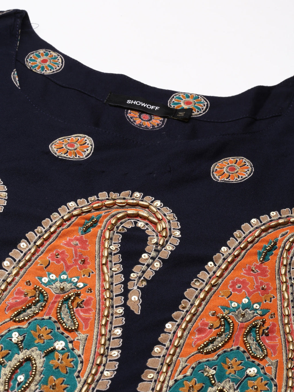 Women's Navy Blue Ethnic Motifs Printed Cotton Anarkali Kurta