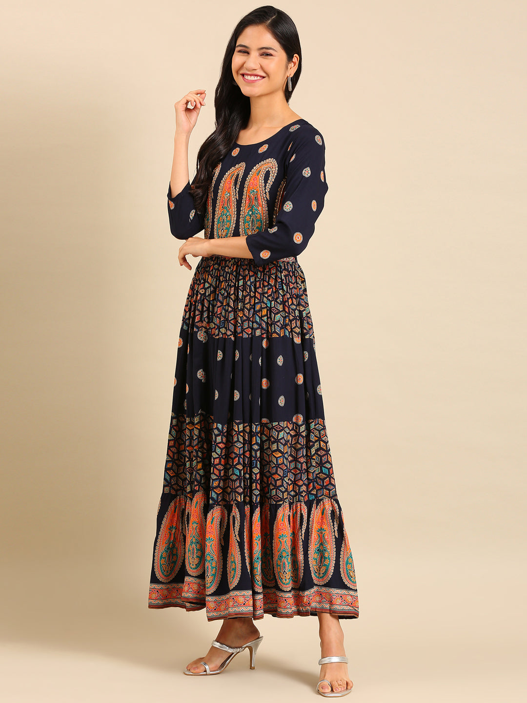 Women's Navy Blue Ethnic Motifs Printed Cotton Anarkali Kurta