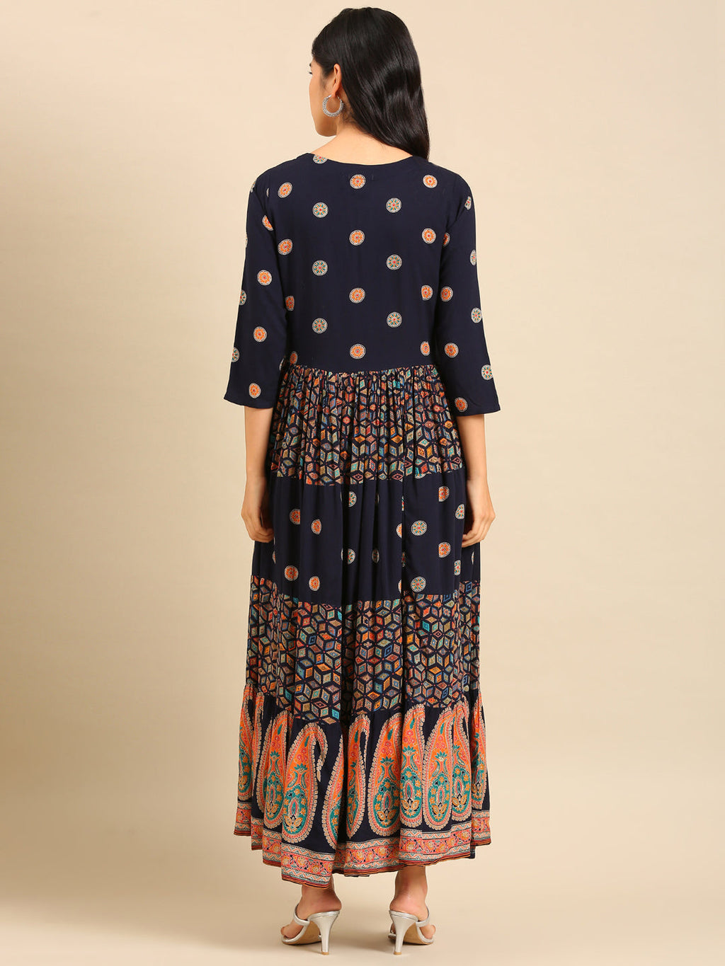 Women's Navy Blue Ethnic Motifs Printed Cotton Anarkali Kurta