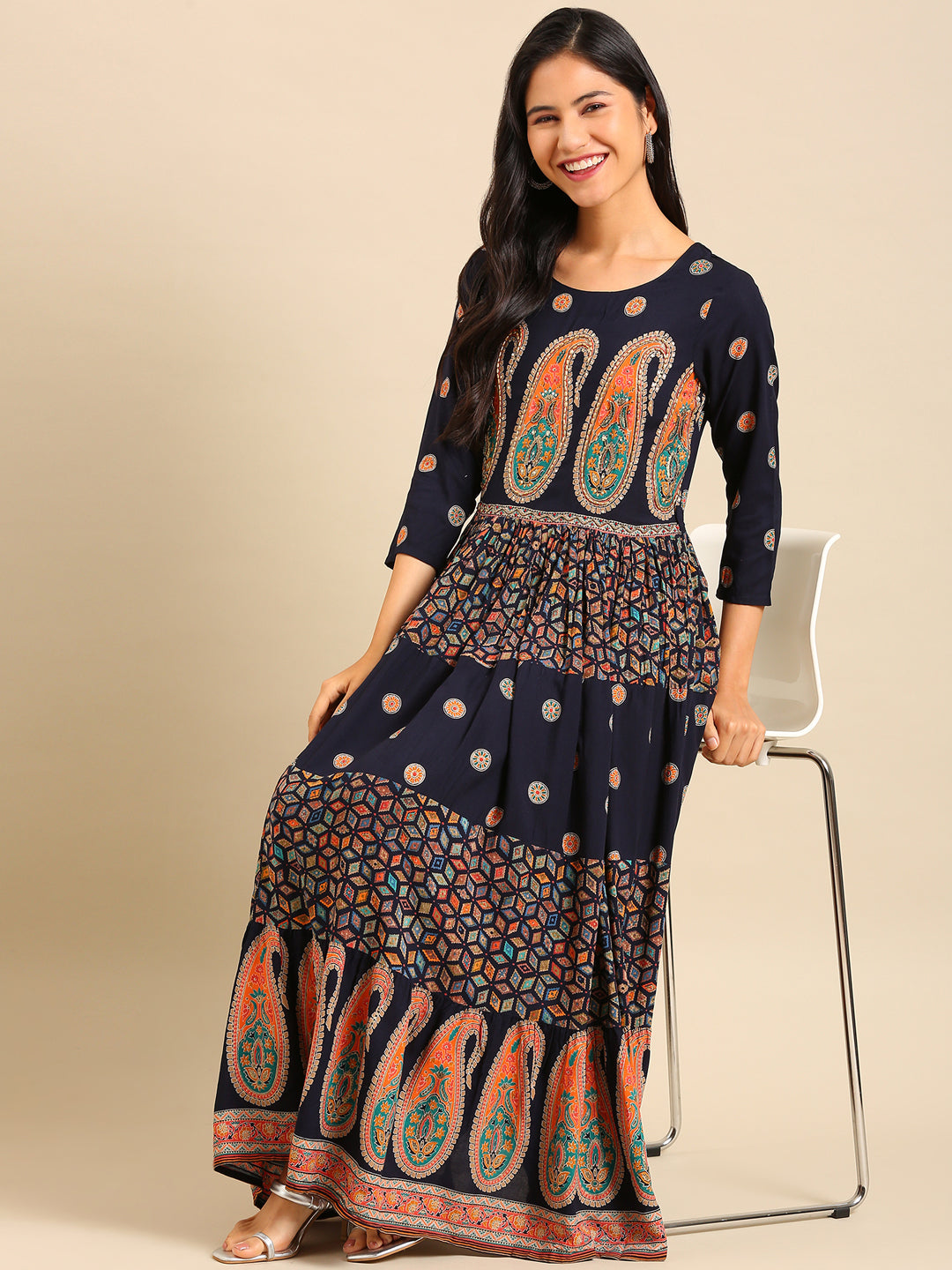 Women's Navy Blue Ethnic Motifs Printed Cotton Anarkali Kurta