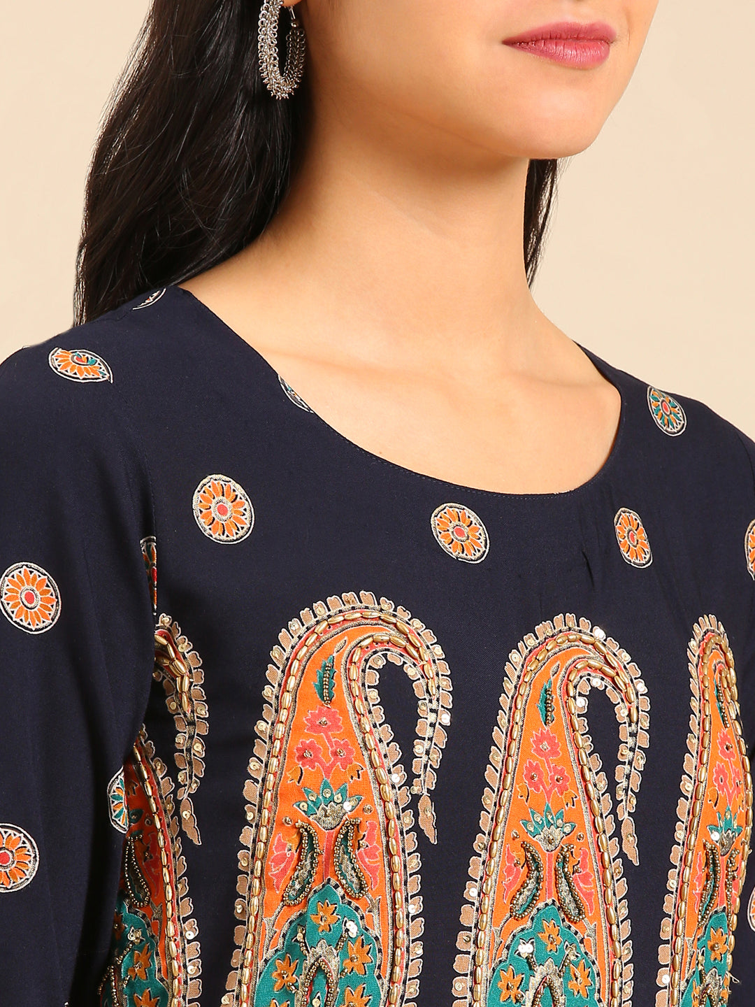 Women's Navy Blue Ethnic Motifs Printed Cotton Anarkali Kurta