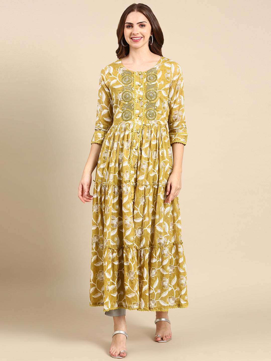 Women's Olive Floral Printed Thread Work Anarkali Cotton Kurta