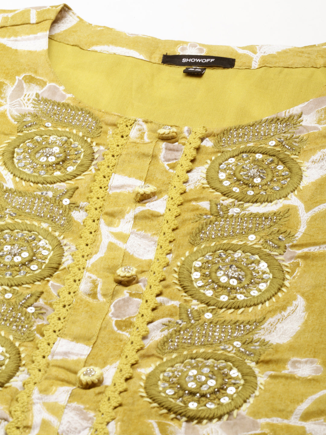 Women's Olive Floral Printed Thread Work Anarkali Cotton Kurta