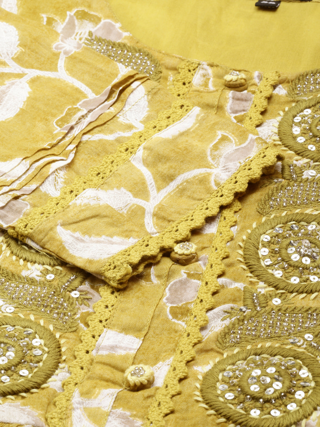 Women's Olive Floral Printed Thread Work Anarkali Cotton Kurta