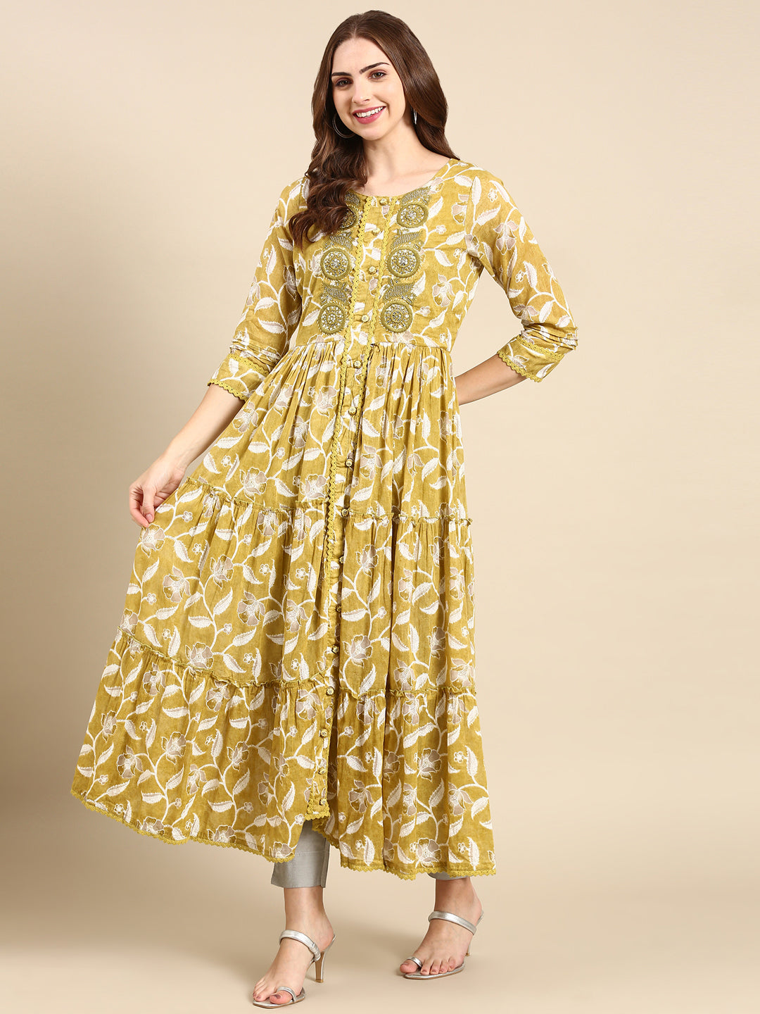 Women's Olive Floral Printed Thread Work Anarkali Cotton Kurta