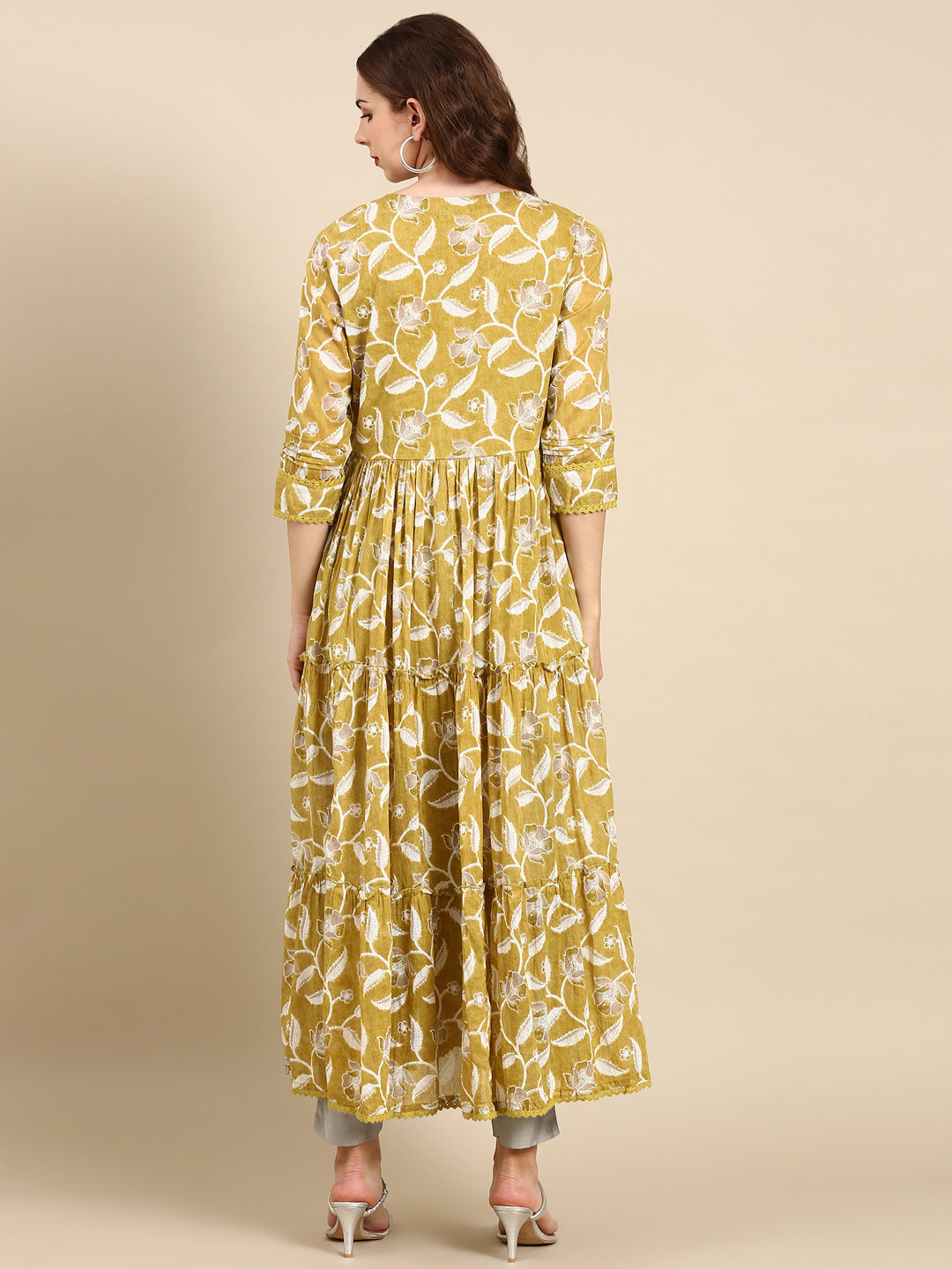 Women's Olive Floral Printed Thread Work Anarkali Cotton Kurta