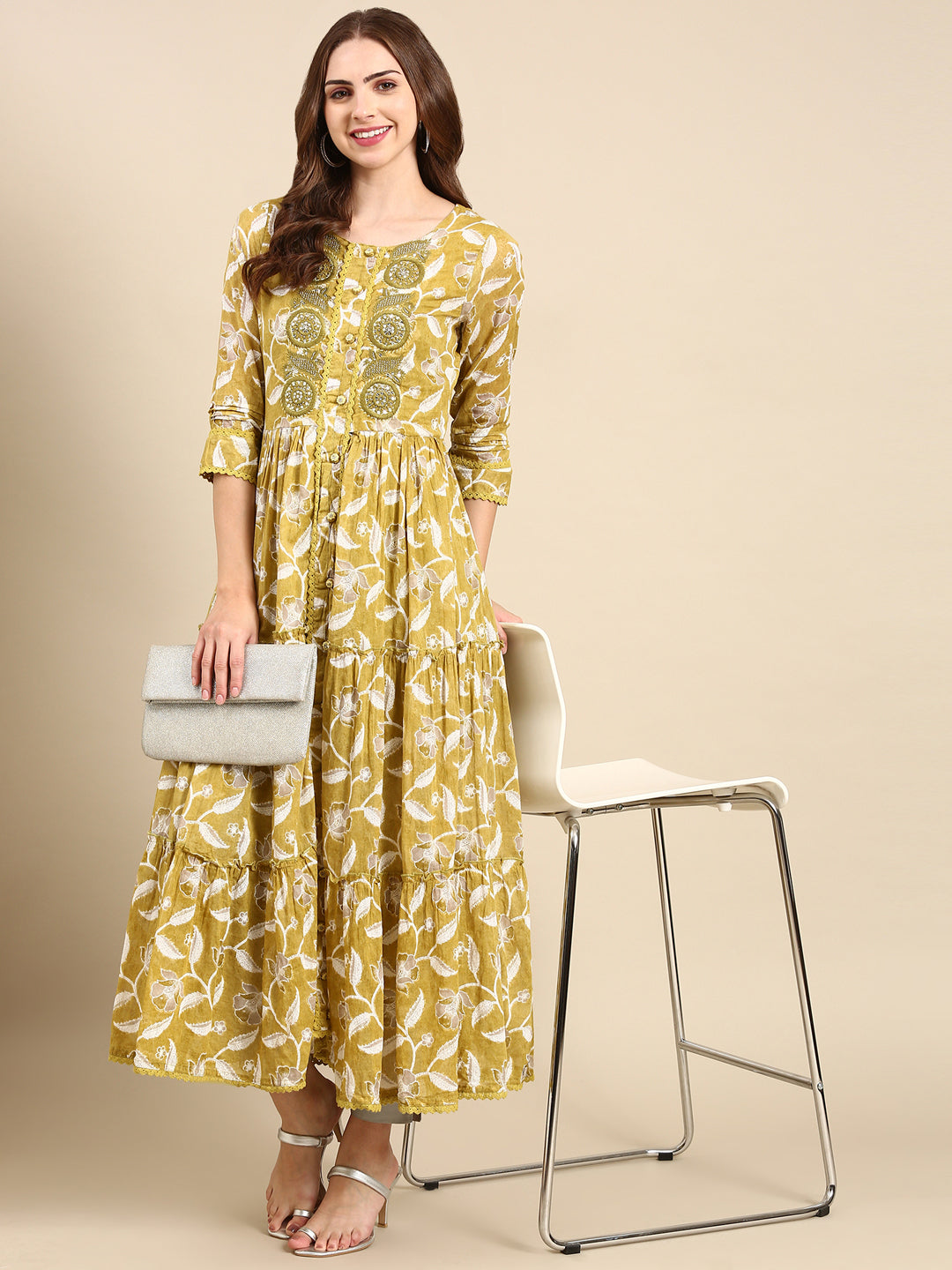 Women's Olive Floral Printed Thread Work Anarkali Cotton Kurta