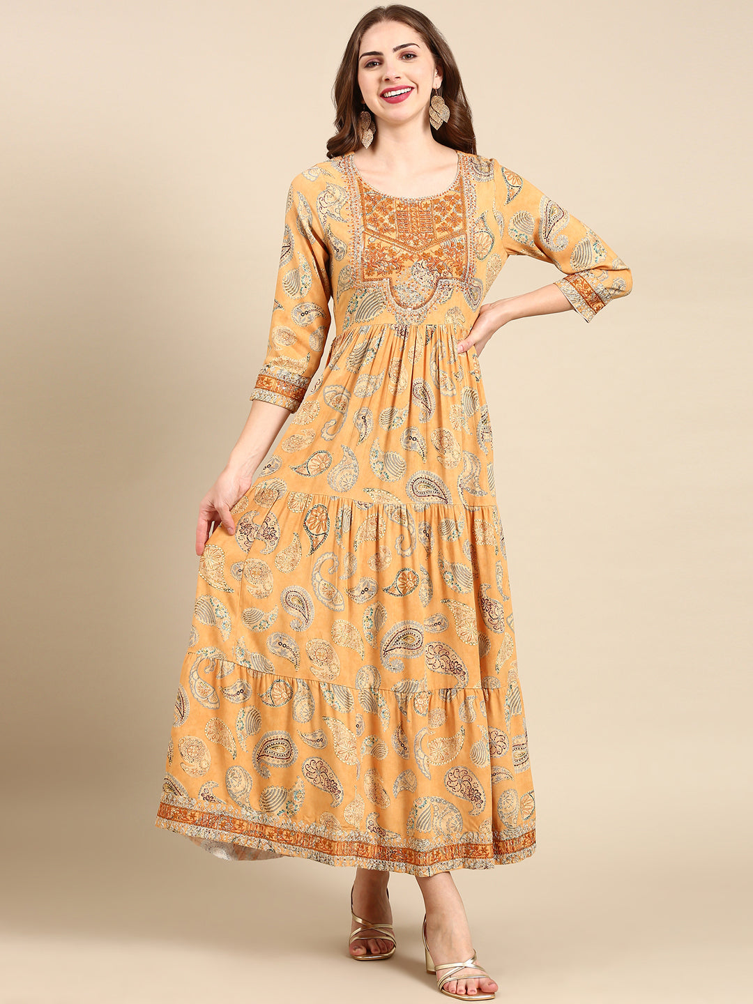 Women's Mustard Ethnic Motifs Printed Anarkali Kurta