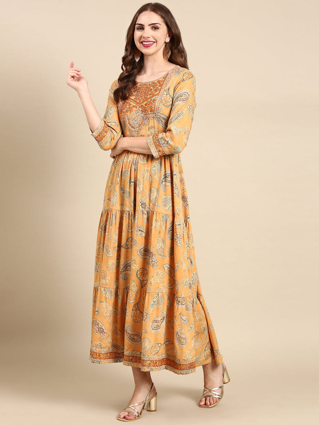 Women's Mustard Ethnic Motifs Printed Anarkali Kurta