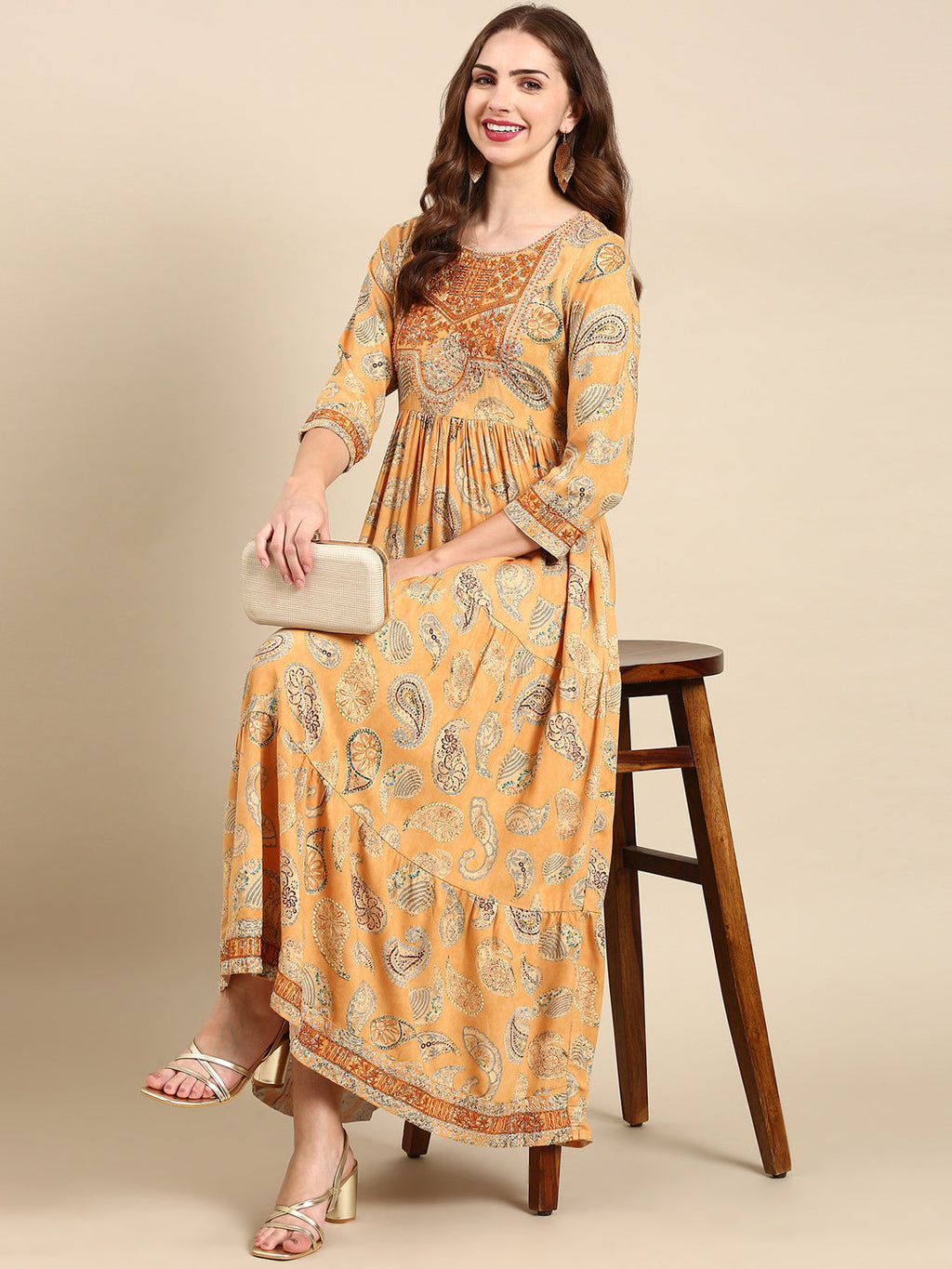 Women's Mustard Ethnic Motifs Printed Anarkali Kurta