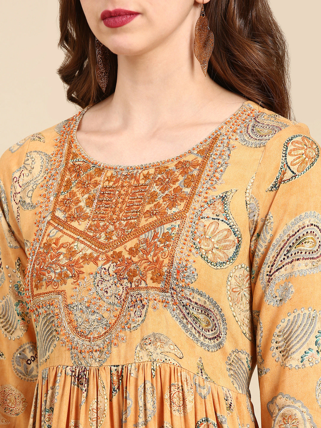 Women's Mustard Ethnic Motifs Printed Anarkali Kurta