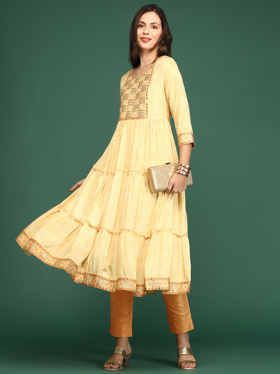 Women's Yellow Floral Printed Anarkali Kurta