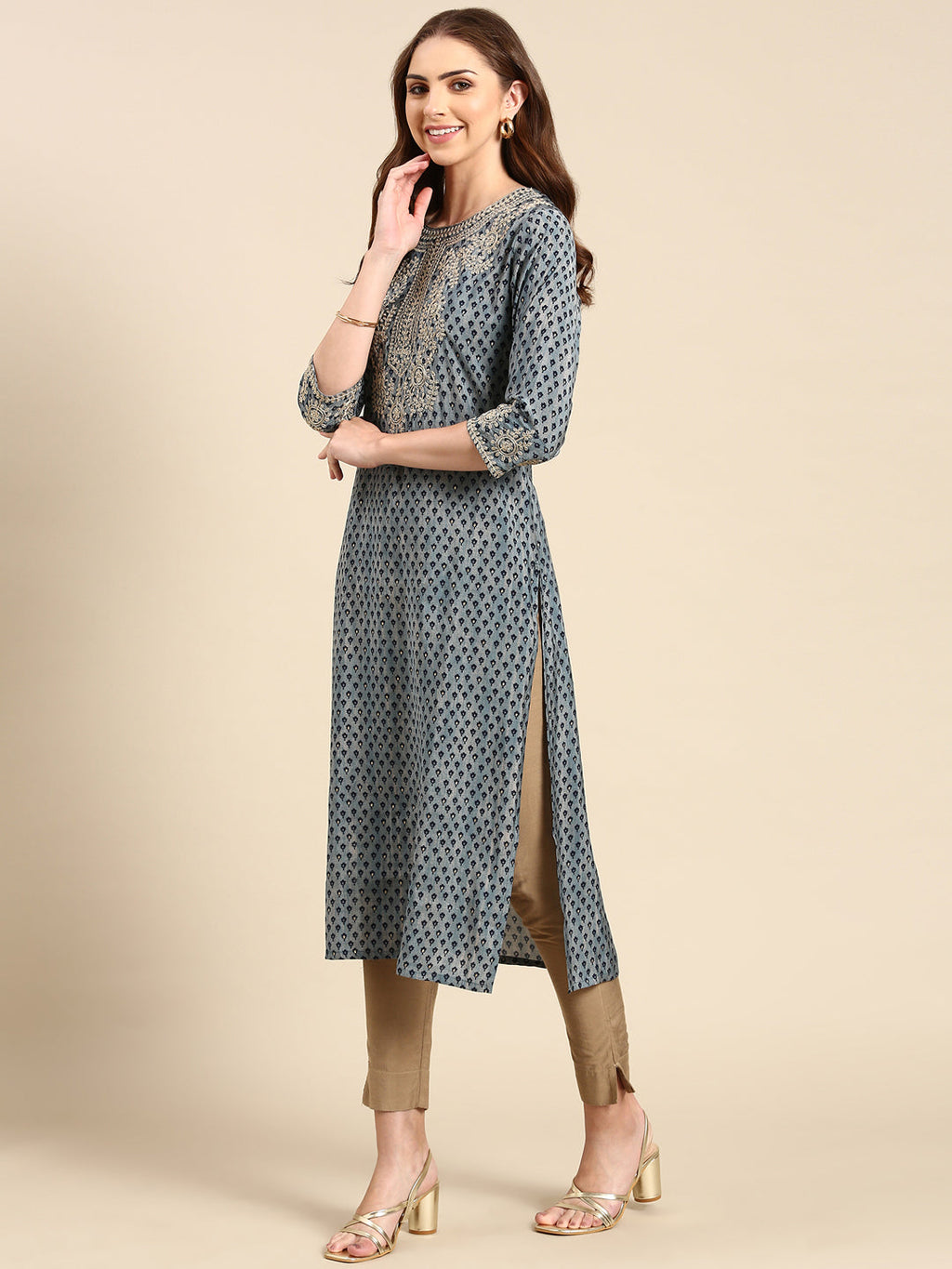 Women's Blue Printed Straight Kurta