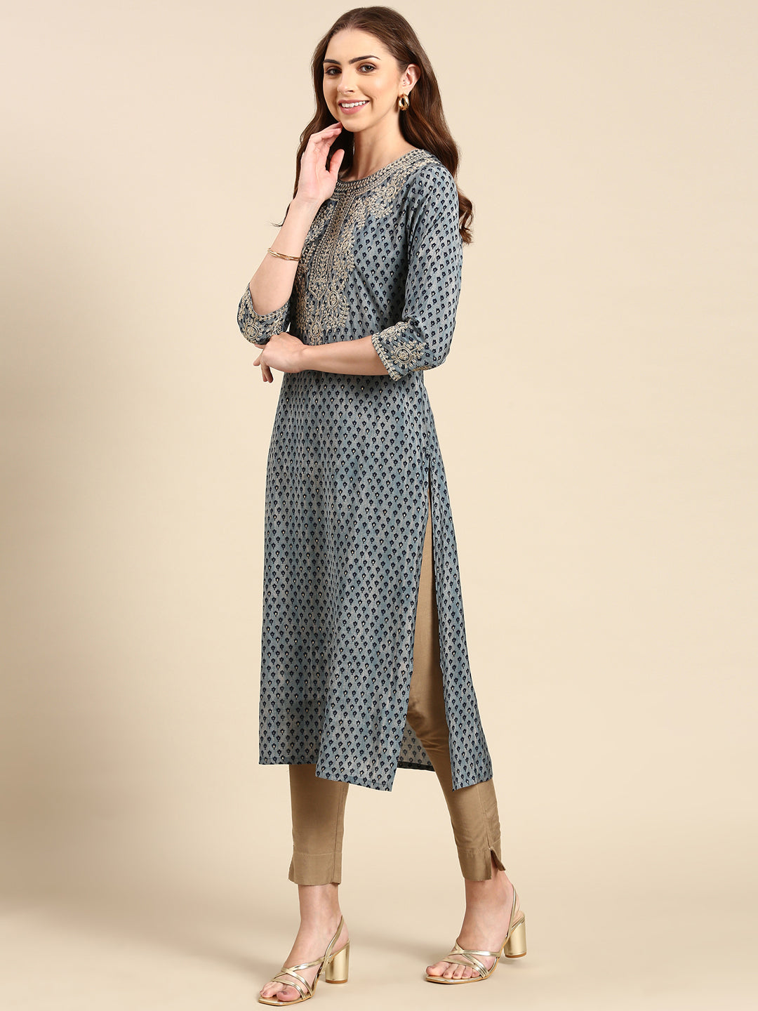 Women's Blue Printed Straight Kurta