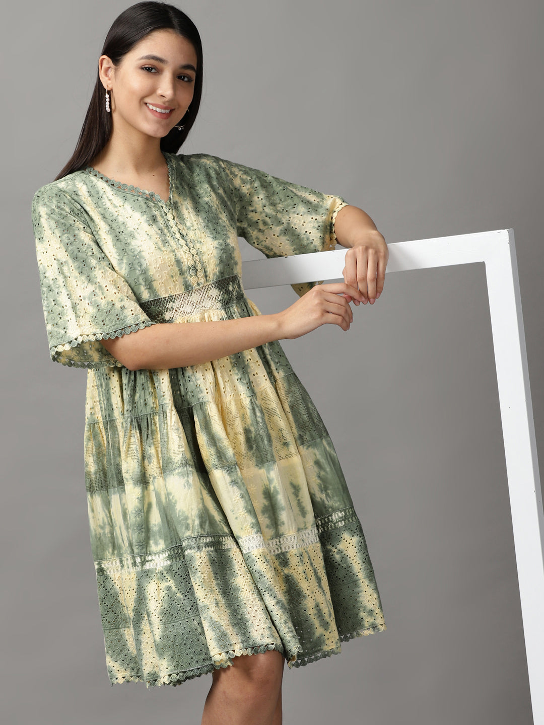 Women's Olive Tie and Dye Dyed Fit and Flare Dress