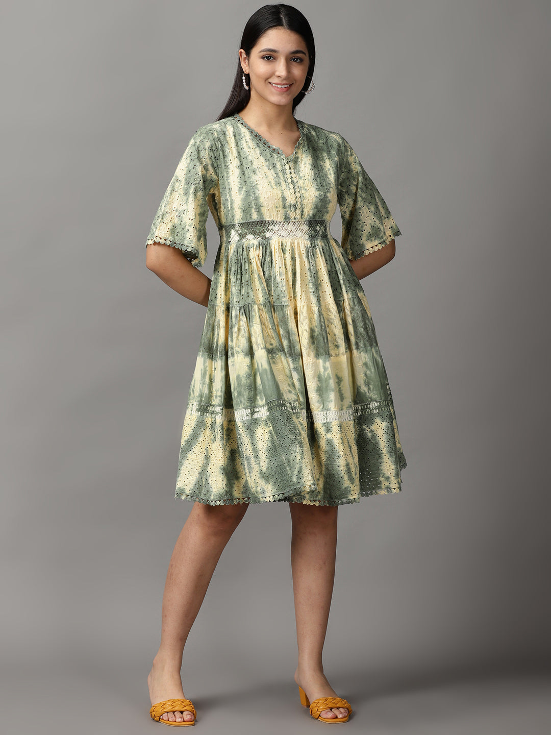 Women's Olive Tie and Dye Dyed Fit and Flare Dress