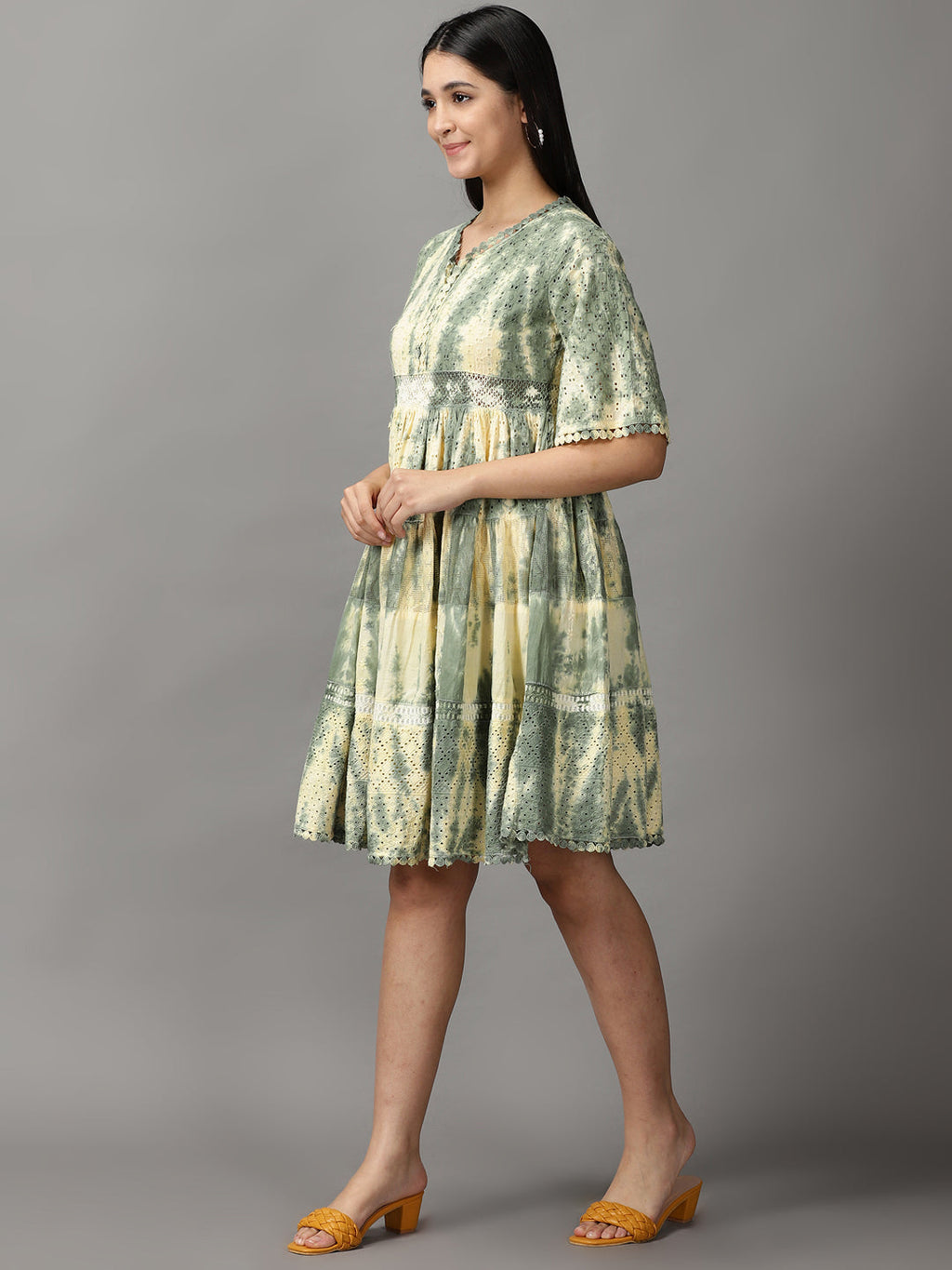 Women's Olive Tie and Dye Dyed Fit and Flare Dress