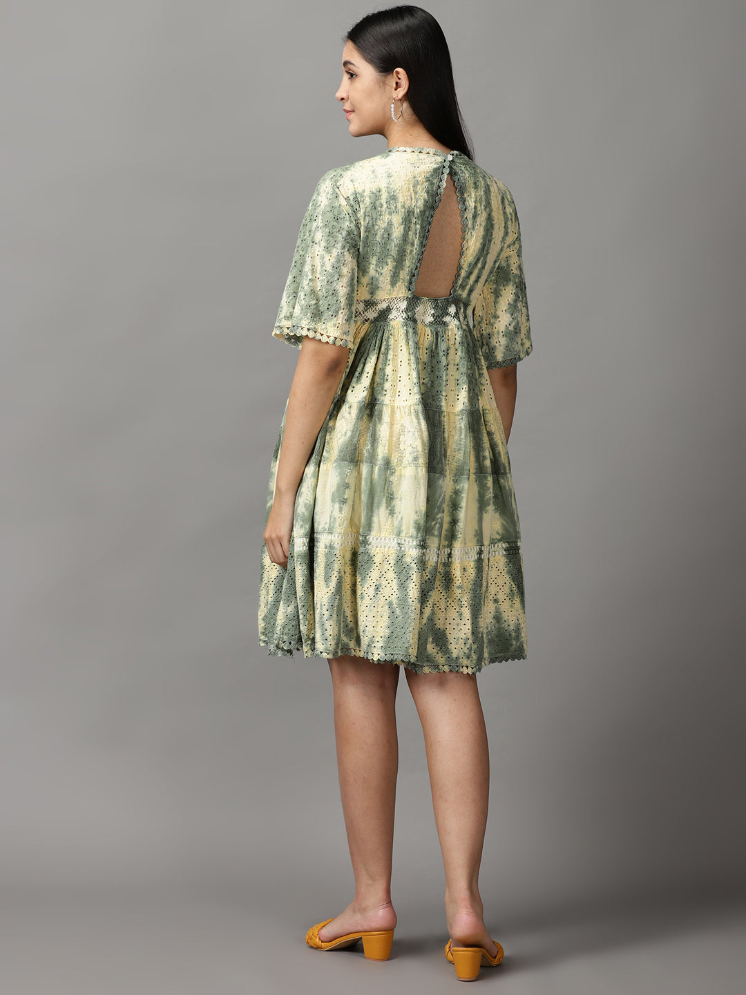 Women's Olive Tie and Dye Dyed Fit and Flare Dress