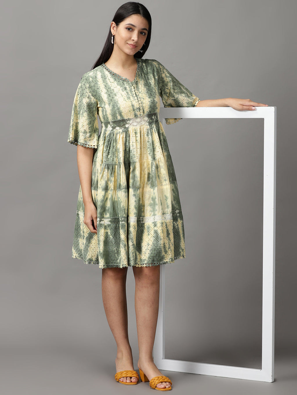 Women's Olive Tie and Dye Dyed Fit and Flare Dress