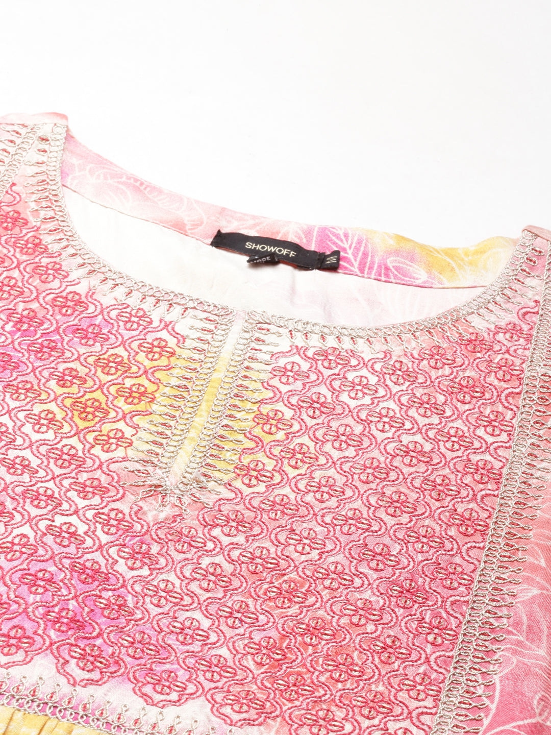 Women's Peach Floral Printed Thread Work Pleated Anarkali Kurta