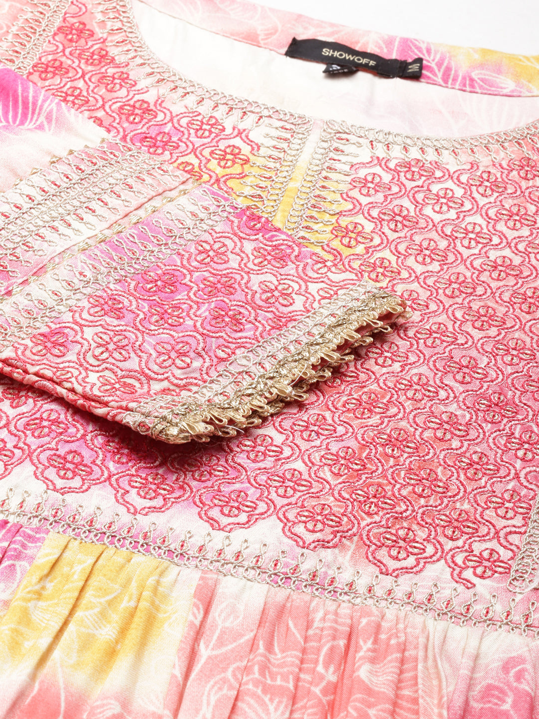 Women's Peach Floral Printed Thread Work Pleated Anarkali Kurta