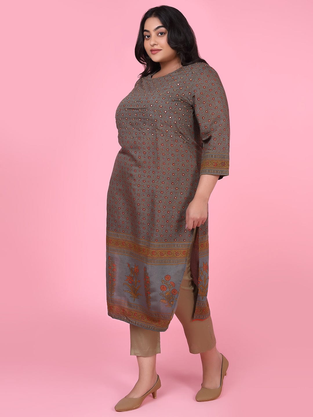 Women's Olive Floral Straight Kurta