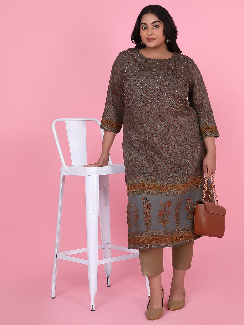 Women's Olive Floral Straight Kurta