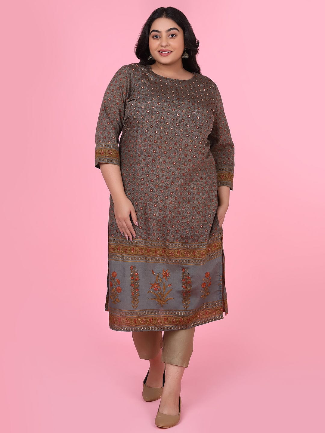 Women's Olive Floral Straight Kurta