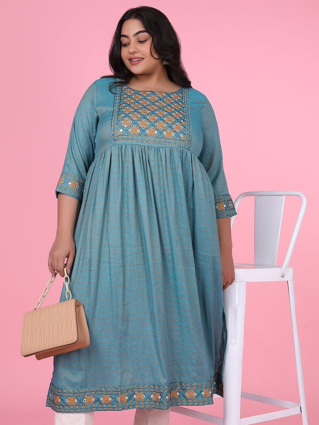 Women's Teal Woven Design A Line Kurta